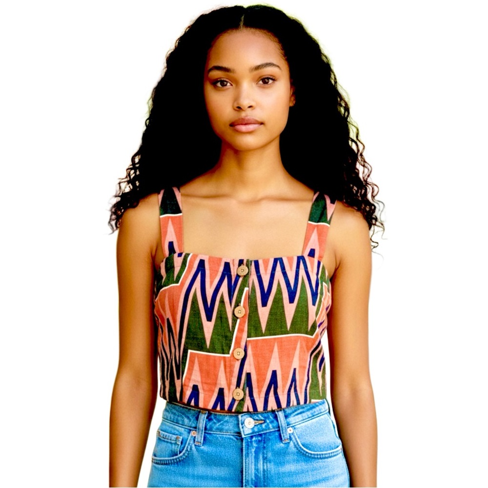 VERONICA BEARD Tiffany Square Neck Top, Sundance Abstract Linen, Size Large
